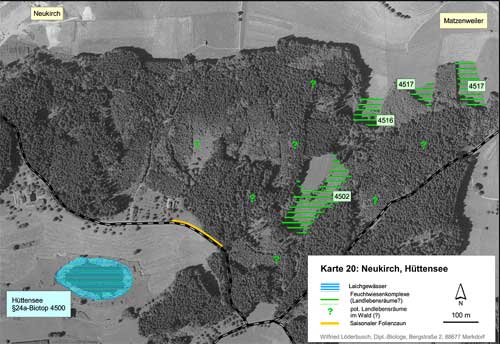 Situation am Hüttensee südlich Neukirch (Kartengrundlage Orthophotos 91, 92, 93 und 94, unmaßstäblich verkleinert)