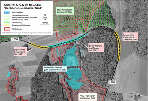 Situation an der K7742 im NSG Hepbacher-Leimbacher Ried (Kartengrundlage Orthophoto 59, unmaßstäblich verkleinert)