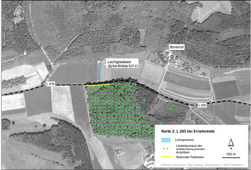 Situation an der L205 bei Ernatsreute (Kartengrundlage Orthophoto 12, unmaßstäblich verkleinert)