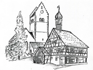 Collage Rathaus und Pfarrkirche St. Georg (Strichzeichnung)
