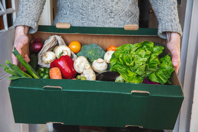 A person delivering a fresh box of vegetables. Online organic food shopping