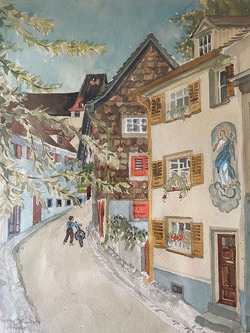 Maler Minder-Dürr (?), Steigstraße in Meersburg, Aquarell 1934 (Privatbesitz Holzbau Schmäh)