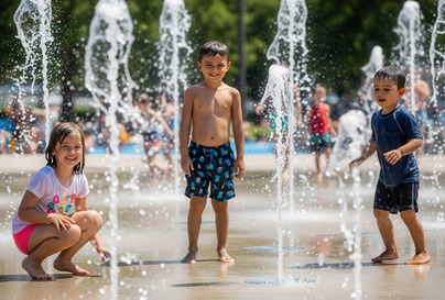 Happy kids cooling off in a public splash pad fountain, laughing and enjoying water jets during a sunny summer afternoon.